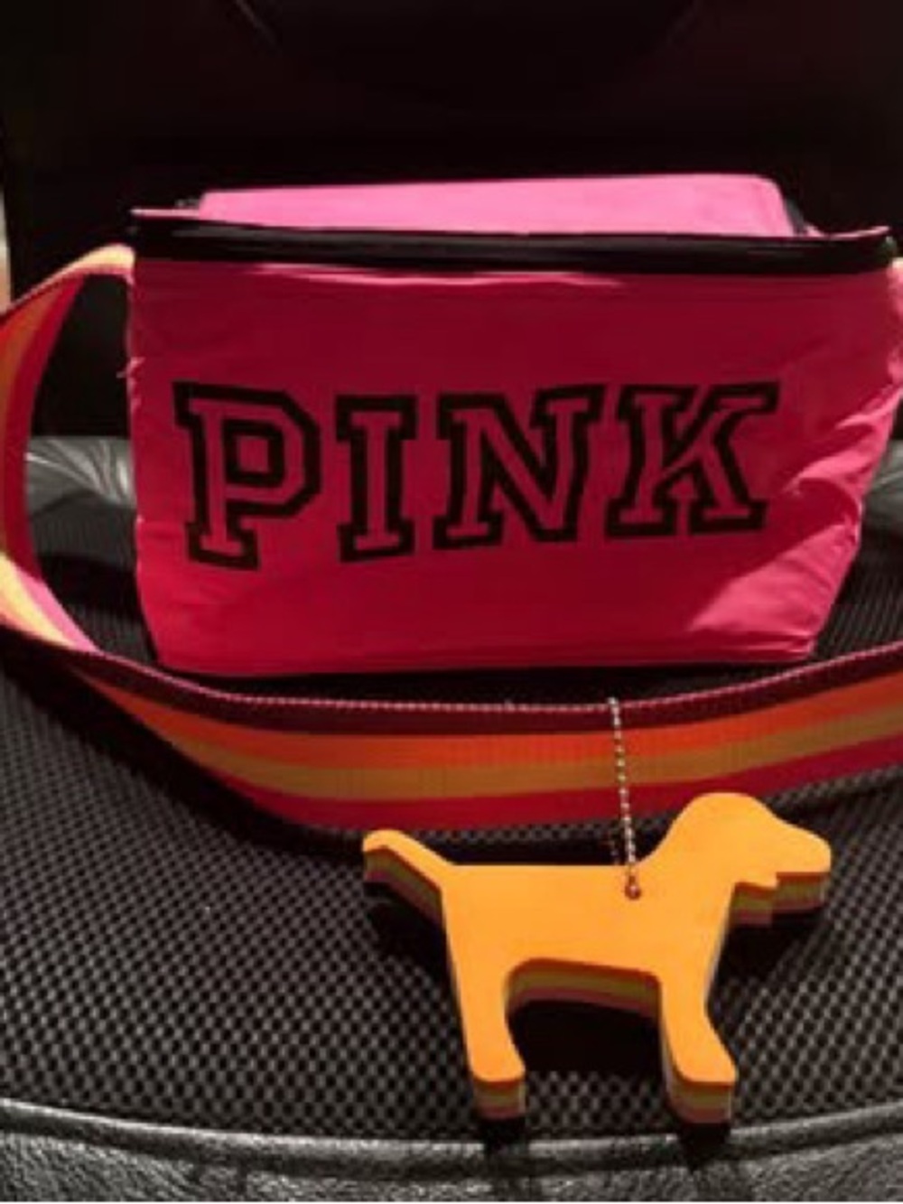PINK Hot Pink Cooler with Rainbow Strap